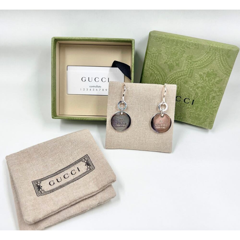 nib GUCCI logo engraved sterling silver circle drop earrings